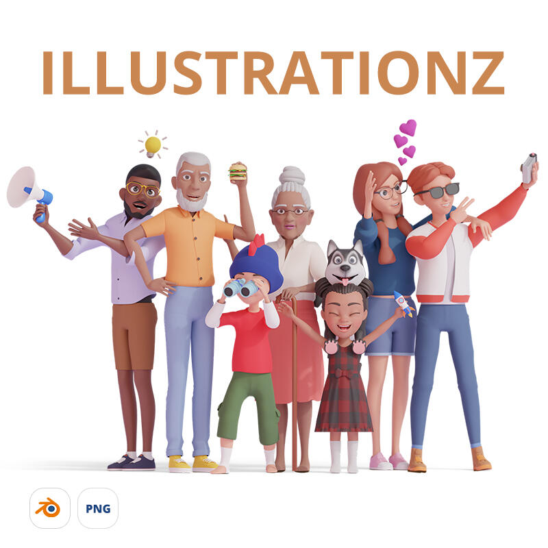 ILLUSTRATIONZ - Massive & multi-purpose 3D library of 167,000,000+ combinations of 3D cartoon characters. Adults, Kids, Elders, and Pets are included.