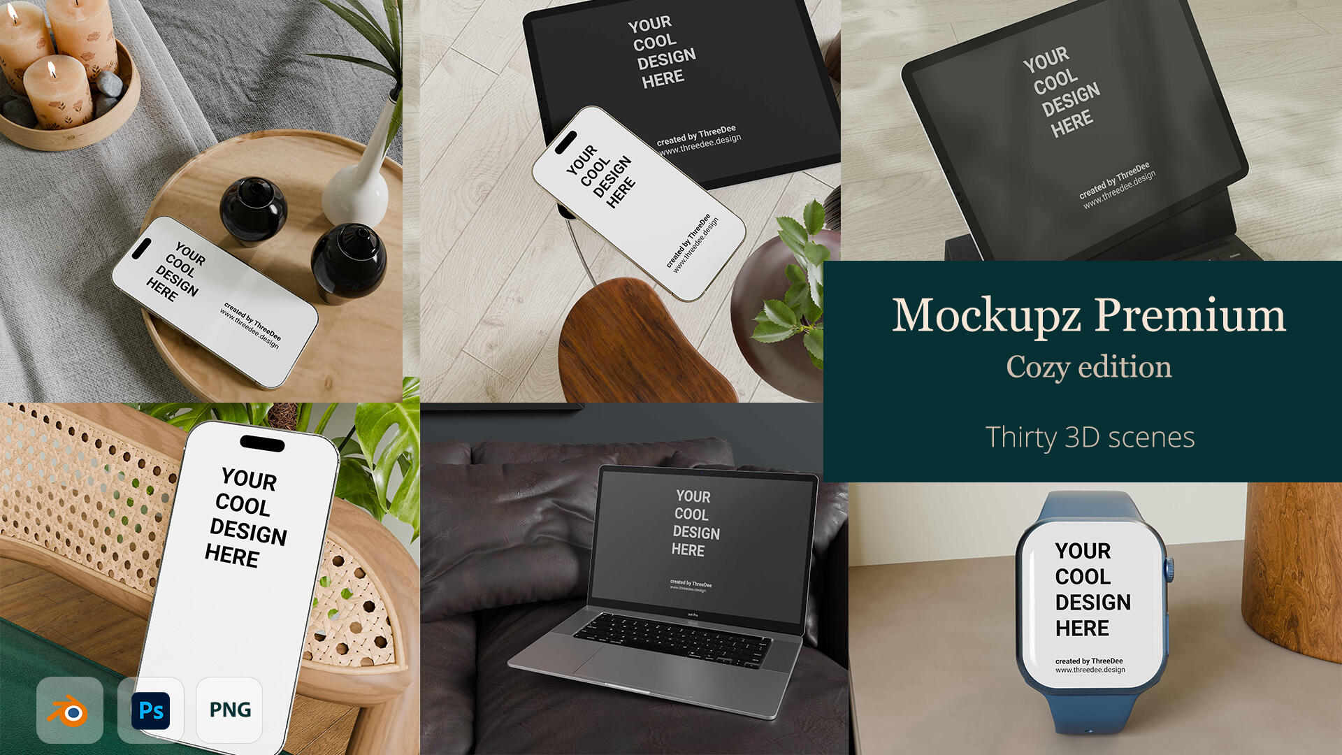 30 Premium 3D mockups of Apple, Samsung, iPad, iPhone, Apple watch and Samsung Gear in cosy style