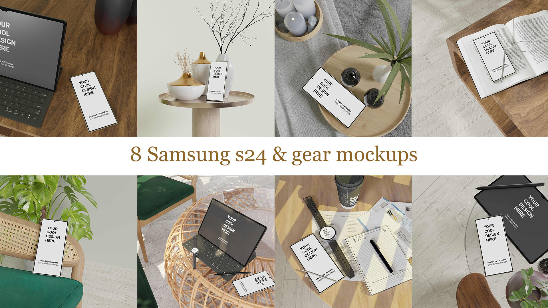 30 Premium 3D mockups of Apple, Samsung, iPad, iPhone, Apple watch and Samsung Gear in cosy style